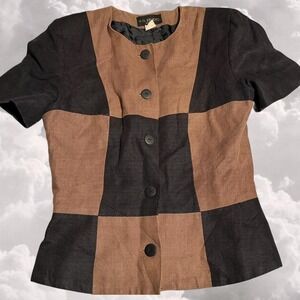 Vintage 80s Linen Button up Colorblock Blouse size medium